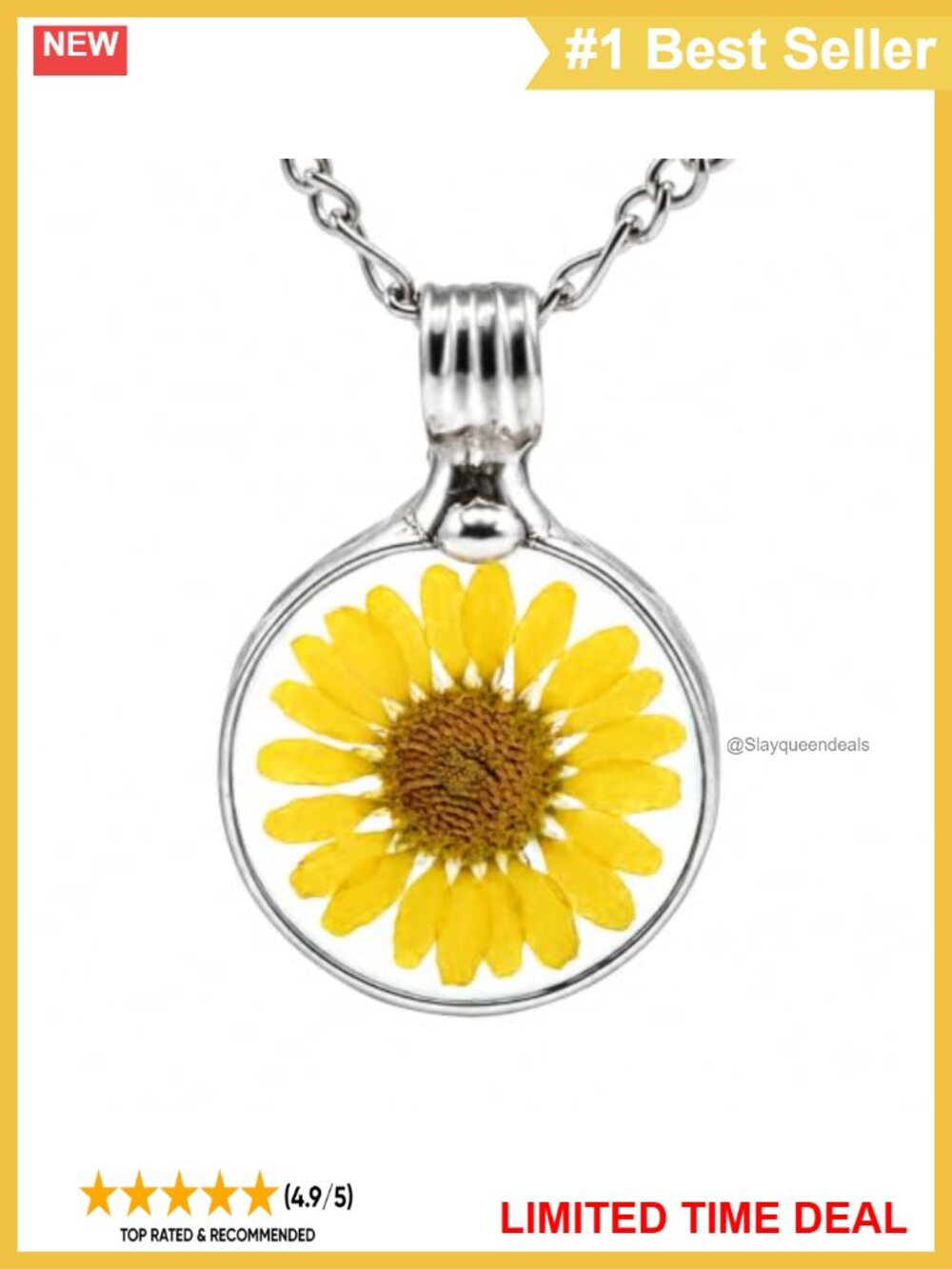 Handmade Real Sunflower Glass Pendant Necklace Figaro Chain